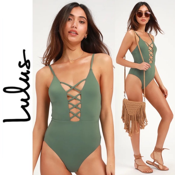Myrtle Beach Olive Green Lace-Up One Piece Swimsuit - Picture 1 of 10
